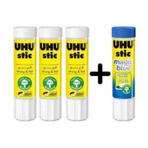 שלישיית דבק סטיק 8 גרם בתוספת דבק סטיק Magic Blue מבית UHU
